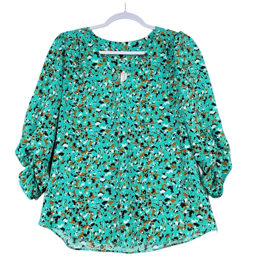 Joie Green Abstract Print V Neck 3/4 Sleeve Tunic Blouse Women Medium